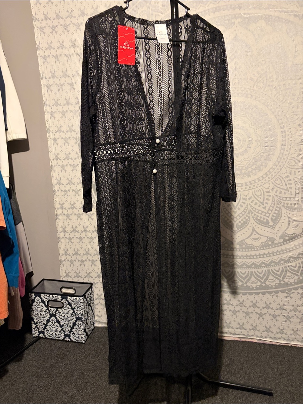 Rose Rich  black Lace Maxi Duster Swim Cover Up Boho Kimono Large NWT⁠
